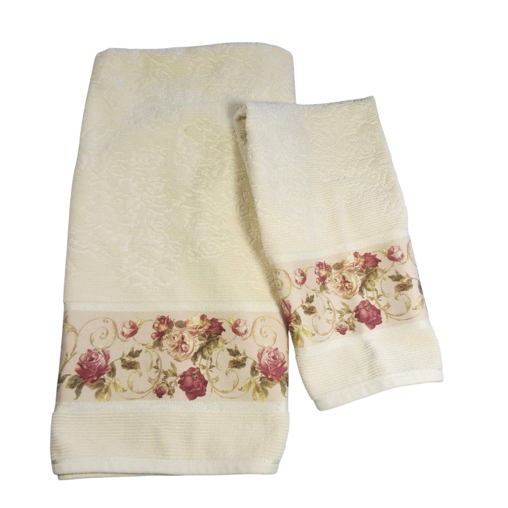 Croscill Hand & Bath Towel Set Roses Cotton Cream Grannycore Cottagecore 2 Piece